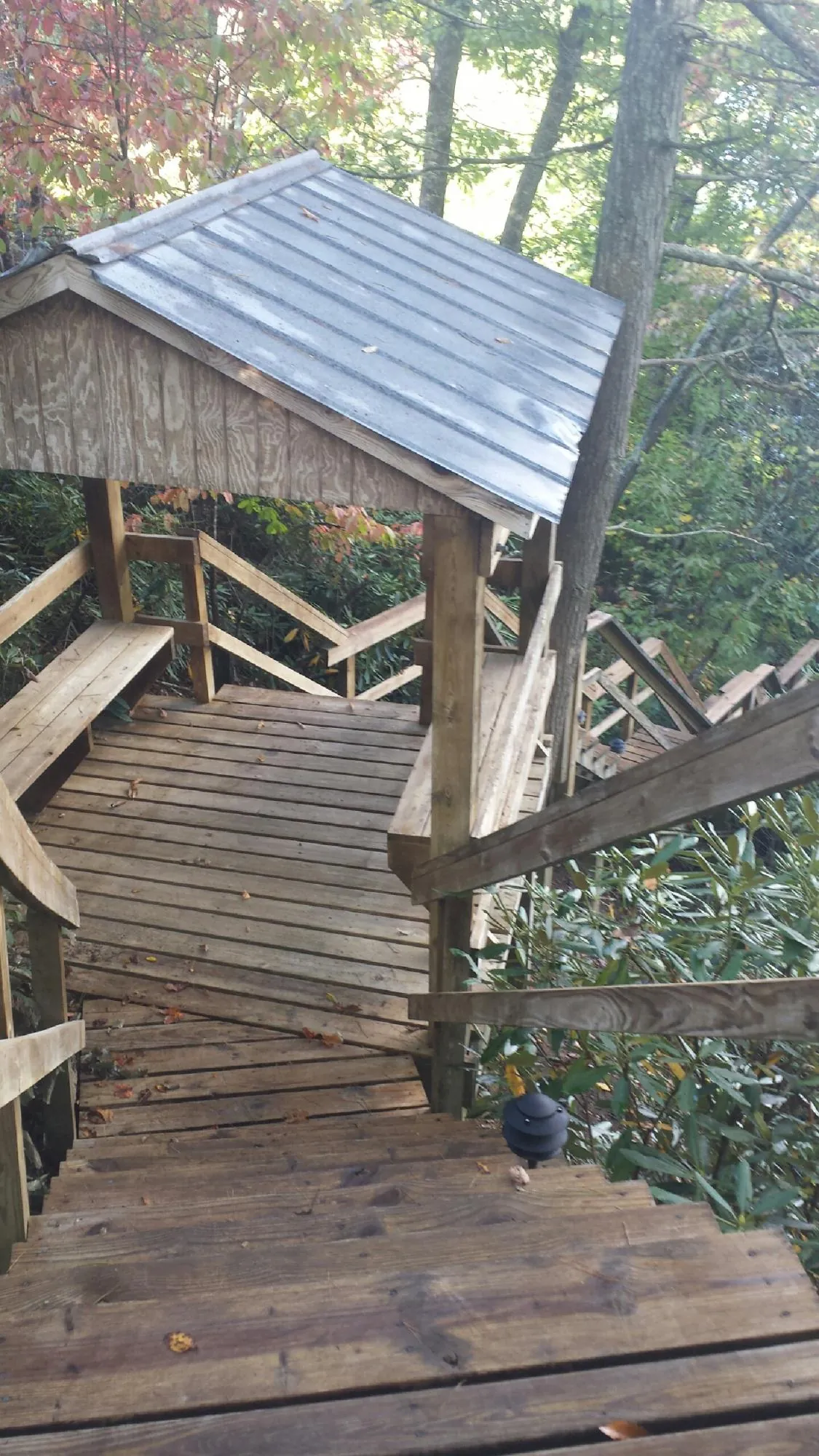 Metal roofed shelter over wooden steps on a wooded walkway — Skylight Repair & Installation work by our crew in Folsom